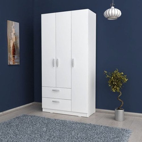 3 Kapılı 2 Çekmeceli Elbise Dolabı Beyaz